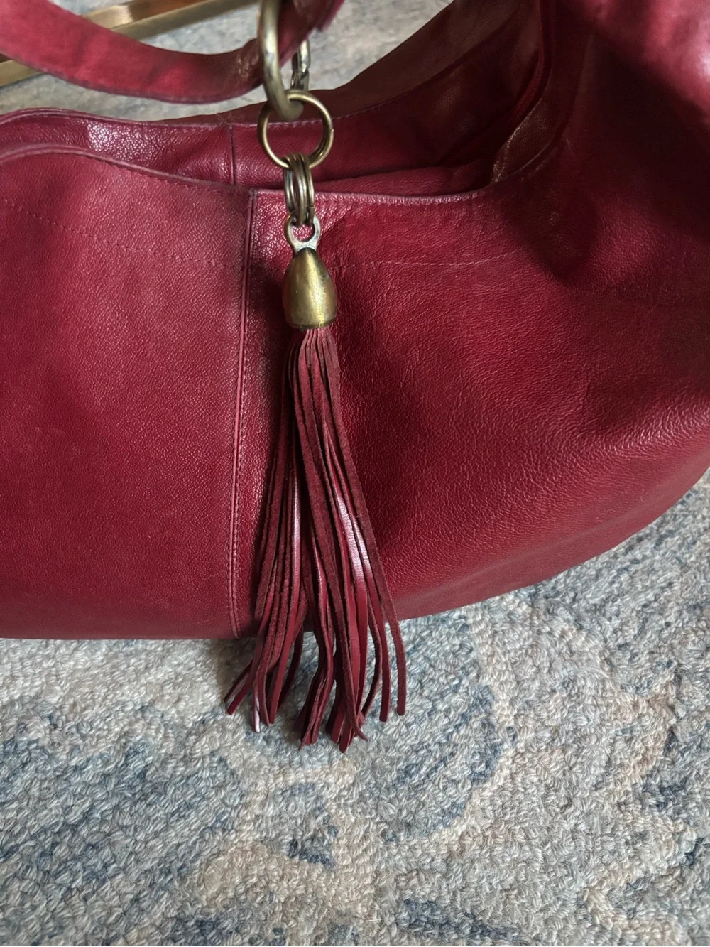 Vintage 90's Mussi Crimson Leather Shoulder Hobo Bag with Tassel